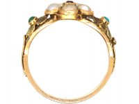 Georgian 15ct Two Colour Gold Cluster Ring set with a Ruby, Natural Split Pearls & Turquoise