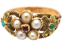 Georgian 15ct Two Colour Gold Cluster Ring set with a Ruby, Natural Split Pearls & Turquoise