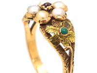 Georgian 15ct Two Colour Gold Cluster Ring set with a Ruby, Natural Split Pearls & Turquoise