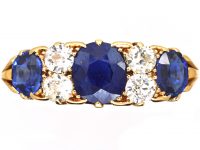 Edwardian 18ct Gold Three Stone Sapphire & Diamond Carved Half Hoop Ring