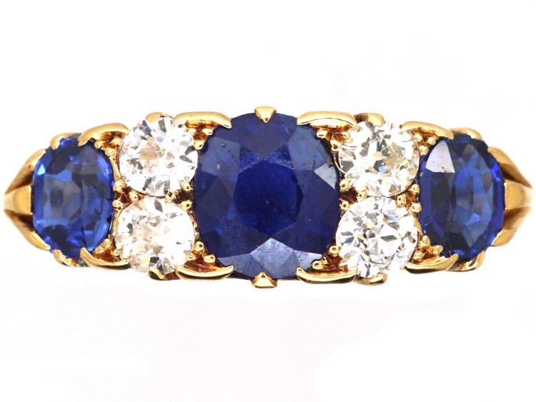 Edwardian 18ct Gold Three Stone Sapphire & Diamond Carved Half Hoop Ring