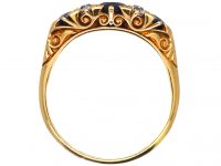 Edwardian 18ct Gold Three Stone Sapphire & Diamond Carved Half Hoop Ring