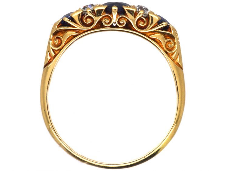 Edwardian 18ct Gold Three Stone Sapphire & Diamond Carved Half Hoop Ring