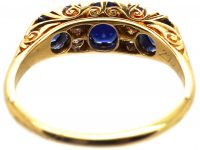 Edwardian 18ct Gold Three Stone Sapphire & Diamond Carved Half Hoop Ring