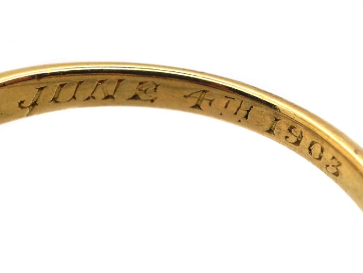 Edwardian 18ct Gold Three Stone Sapphire & Diamond Carved Half Hoop Ring