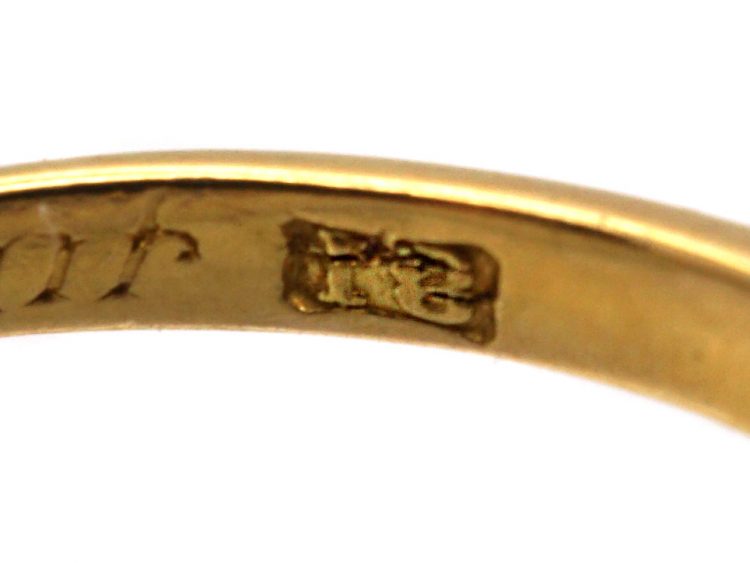 Edwardian 18ct Gold Three Stone Sapphire & Diamond Carved Half Hoop Ring