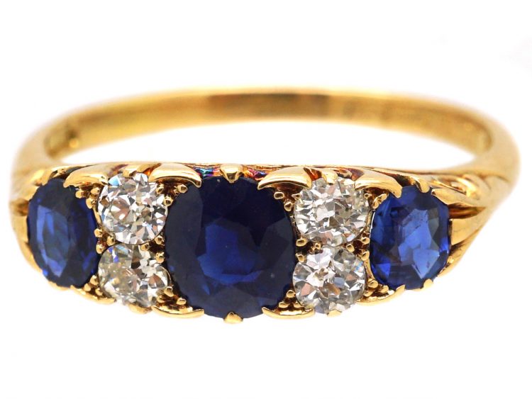 Edwardian 18ct Gold Three Stone Sapphire & Diamond Carved Half Hoop Ring