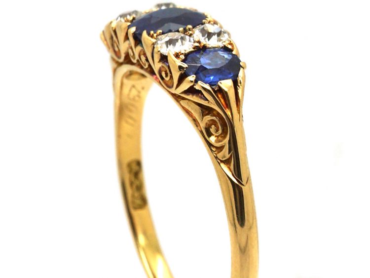 Edwardian 18ct Gold Three Stone Sapphire & Diamond Carved Half Hoop Ring