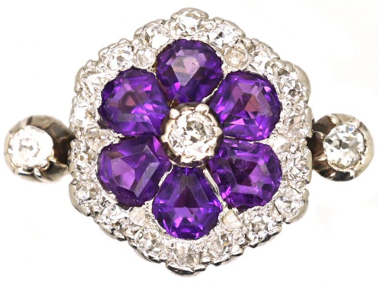 Edwardian 18ct Gold, Amethyst & Diamond Flower Cluster Ring