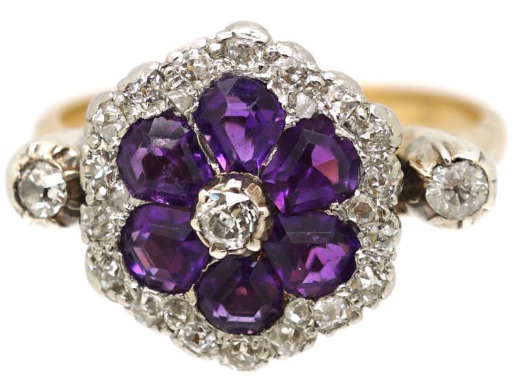 Edwardian 18ct Gold, Amethyst & Diamond Flower Cluster Ring