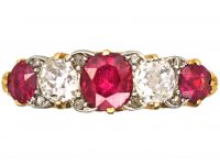 Edwardian 18ct Gold & Platinum, Five Stone Ruby & Diamond Carved Half Hoop Ring