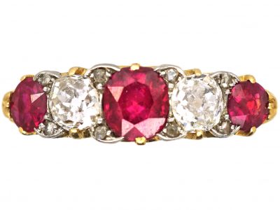 Private: Edwardian 18ct Gold & Platinum, Five Stone Ruby & Diamond Carved Half Hoop Ring