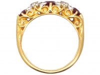 Edwardian 18ct Gold & Platinum, Five Stone Ruby & Diamond Carved Half Hoop Ring