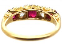 Edwardian 18ct Gold & Platinum, Five Stone Ruby & Diamond Carved Half Hoop Ring