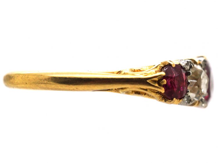 Edwardian 18ct Gold & Platinum, Five Stone Ruby & Diamond Carved Half Hoop Ring