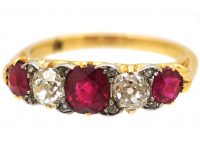 Edwardian 18ct Gold & Platinum, Five Stone Ruby & Diamond Carved Half Hoop Ring