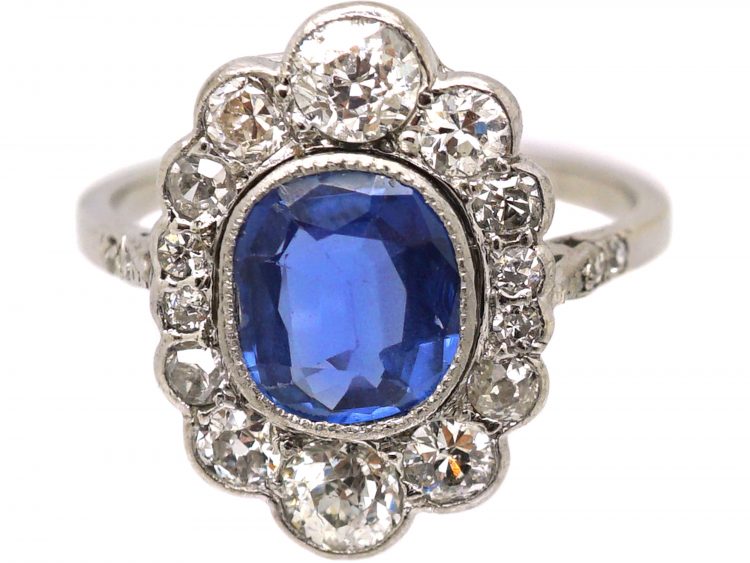 French Import 18ct White Gold & Platinum,Sapphire & Diamond Cluster Ring
