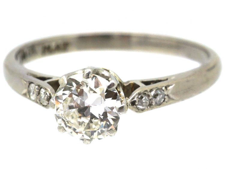 Early 20th Century 18ct White Gold & Platinum, Diamond Solitaire Ring with Diamond Set Shoulders