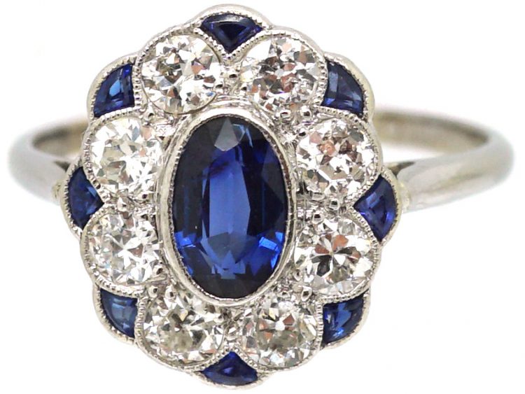Early 20th Century Platinum Cluster Ring set with Sapphires & Diamonds