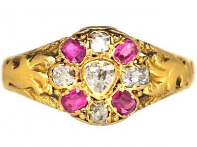 Victorian 18ct Gold, Ruby & Heart Shaped Diamond Cluster Ring
