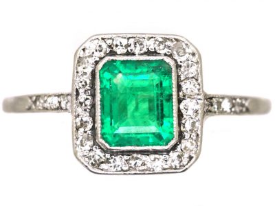Early 20th Century Platinum, Emerald & Diamond Square Cluster Ring with Diamond Shoulders