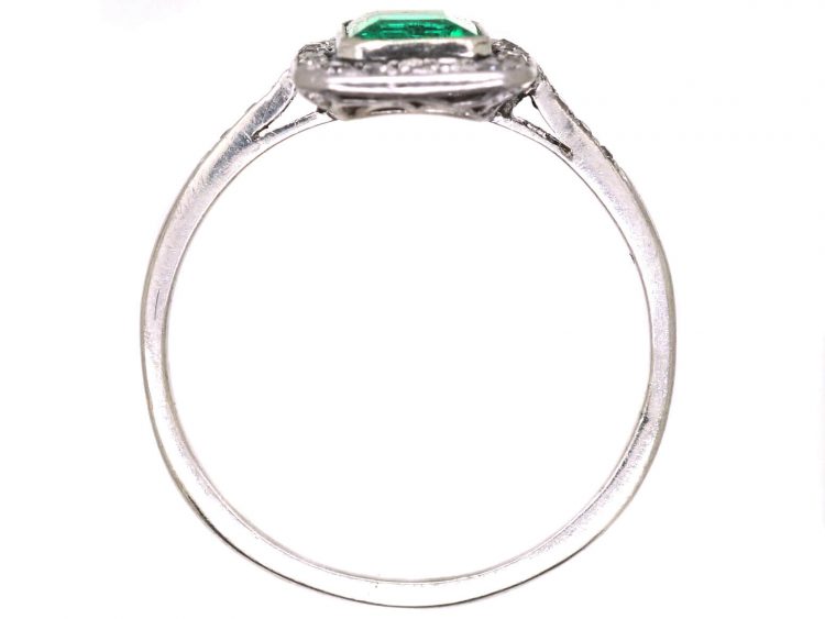 Early 20th Century Platinum, Emerald & Diamond Square Cluster Ring with Diamond Shoulders