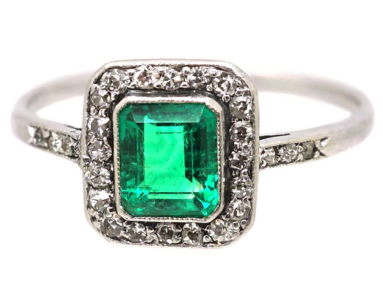 Early 20th Century Platinum, Emerald & Diamond Square Cluster Ring with Diamond Shoulders