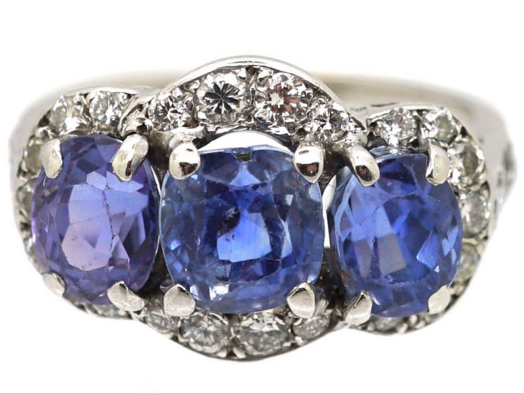 Early 20th Century 18ct White Gold Three Stone Sapphire & Diamond Ring