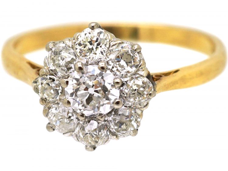 Edwardian 18ct Gold & Old Mine Cut Diamond Daisy Cluster Ring