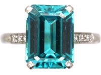 Art Deco 18ct White Gold Ring set with a Rectangular Cut Zircon with Diamond Shoulders