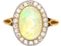 Edwardian 18ct Gold & Platinum, Opal & Diamond Oval Cluster Ring