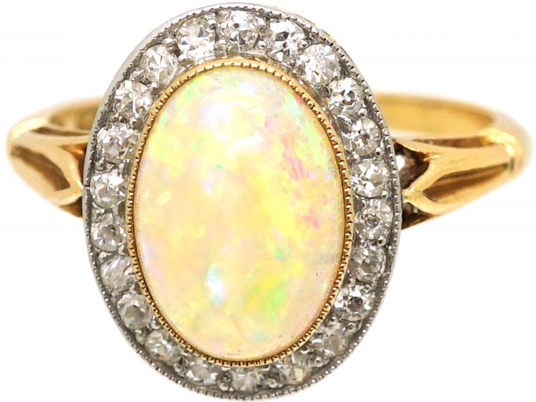 Edwardian 18ct Gold & Platinum, Opal & Diamond Oval Cluster Ring