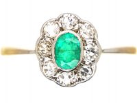 Edwardian 18ct Gold & Platinum, Emerald & Diamond Oval Cluster Ring