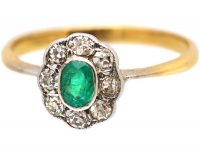 Edwardian 18ct Gold & Platinum, Emerald & Diamond Oval Cluster Ring