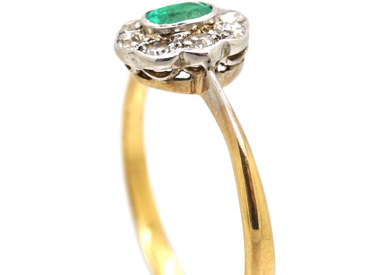 Edwardian 18ct Gold & Platinum, Emerald & Diamond Oval Cluster Ring