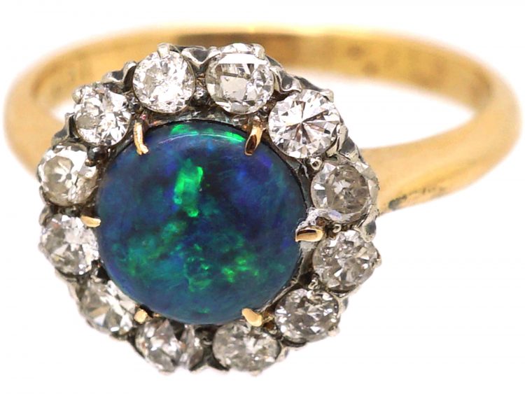 Edwardian 18ct Gold Cluster Ring set with a Black Opal & Diamonds