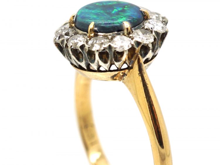 Edwardian 18ct Gold Cluster Ring set with a Black Opal & Diamonds