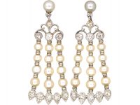 Edwardian Platinum, Natural Pearl & Diamond Drop Earrings