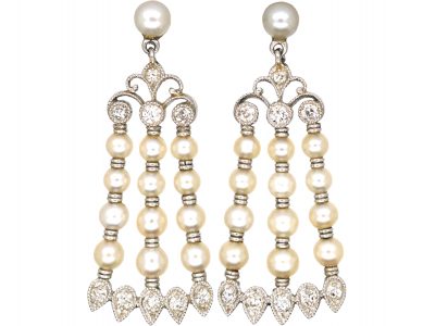 Edwardian Platinum, Natural Pearl & Diamond Drop Earrings