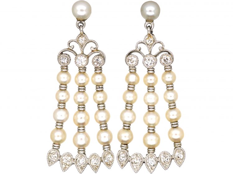 Edwardian Platinum, Natural Pearl & Diamond Drop Earrings