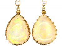 Edwardian 18ct Gold Pear Shaped Cabochon Opal & Diamond Drop Earrings