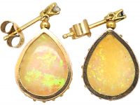 Edwardian 18ct Gold Pear Shaped Cabochon Opal & Diamond Drop Earrings