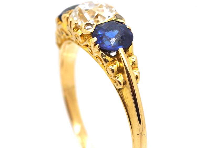 Victorian 18ct Gold, Old Mine Cut Diamond & Sapphire Three Stone Carved Half Hoop Ring