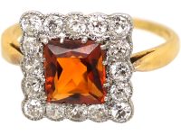 Retro 18ct Gold & Platinum, Madeira Citrine & Diamond Square Ring