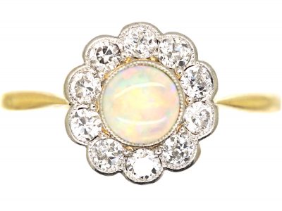 Edwardian 18ct Gold & Platinum, Opal & Diamond Cluster Ring