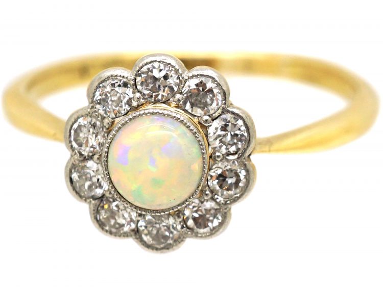 Edwardian 18ct Gold & Platinum, Opal & Diamond Cluster Ring