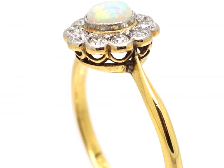 Edwardian 18ct Gold & Platinum, Opal & Diamond Cluster Ring