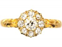 Edwardian 18ct Gold, Old Mine Cut Diamond Cluster Ring with Ornate Shoulders