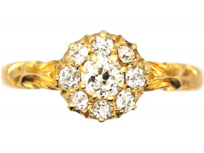 Edwardian 18ct Gold, Old Mine Cut Diamond Cluster Ring with Ornate Shoulders