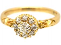 Edwardian 18ct Gold, Old Mine Cut Diamond Cluster Ring with Ornate Shoulders